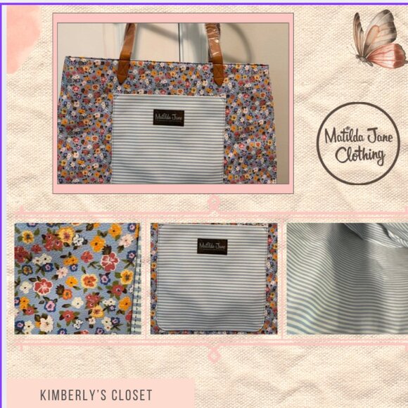 Matilda Jane Handbags - Matilda Jane Floral Tote with Tan Handles stripes and flowers with pockets NWT